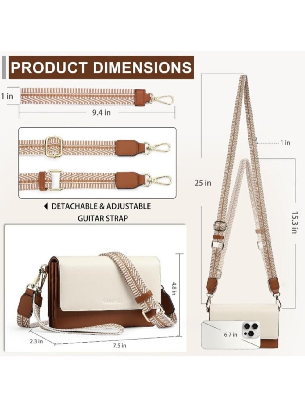 〽️Women Beige Brown Wristlet Phone Mini Purse Small Vegan Leather Crossbody Bag - Picture 5 of 6